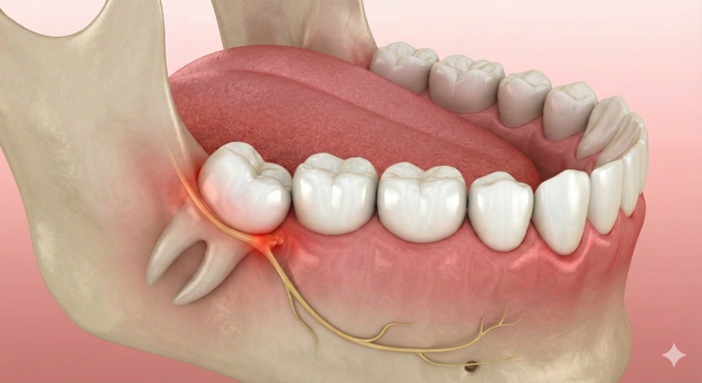 An illustration showing how an impacted wisdom tooth triggers jaw pain and headaches by affecting the trigeminal nerve, often leading to wisdom tooth removal.