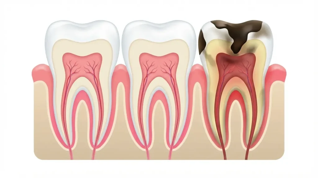 Illustration of three teeth: two healthy teeth with white enamel and pink gums, and one decayed tooth with dark brown and yellow cavities, showing damage to enamel, dentin, and pulp—often requiring simple dental extraction.