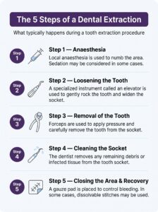 Infographic showing the five typical steps of a dental extraction: anaesthesia, accessing the tooth, removing the tooth, cleaning and closure, and controlling bleeding.